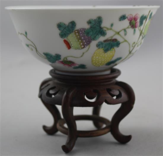 A Chinese famille rose lychees bowl, Guangxu mark and probably of the period (1875-1908), 13.5cm, wood stand